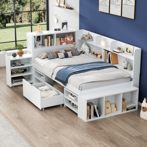 Children's Bed, Single Bed-3ft 90x190cm, Single Bed, Multifunctional Children's Bed With Drawers, Bookcase And Storage Cupboard, Large Storage Space, Slatted Frame, Without Mattress, White