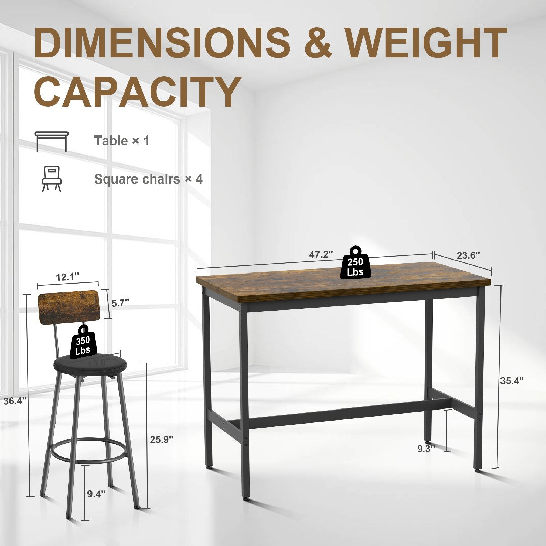 Only Supports Self Pickup-Long Dining Table Set With 4 Bar Stools In PU Leather, Dining Table And Chairs Set, Industrial High Coffee Table And Back Chairs