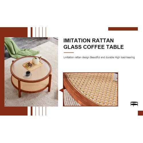 Modern Minimalist Circular Double Layer Solid Wood Coffee Table  Craft Glass Tabletop Second Layer Material PE Rattan, Solid Wood Frame 34.6 X34.6x 17.7