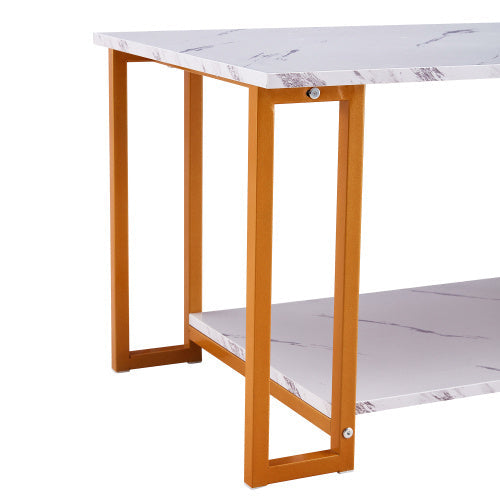 D&N Coffee Table, 2 Layers 1.5cm Thick Marble MDF Rectangle 39.37  L Tabletop Iron Coffee Table , Dining Room, Coffee Shop, Resterant, White Top, Gold Leg CJDropshipping