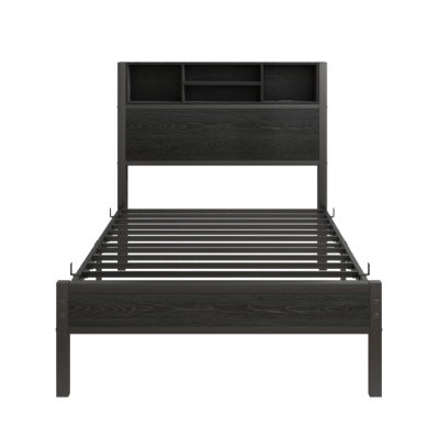 Twin Size Bed Frame With Storage Headboard, Metal Platform Bed With Charging Station, Bookcase Storage, No Box Spring Needed, Easy Assembly, Black