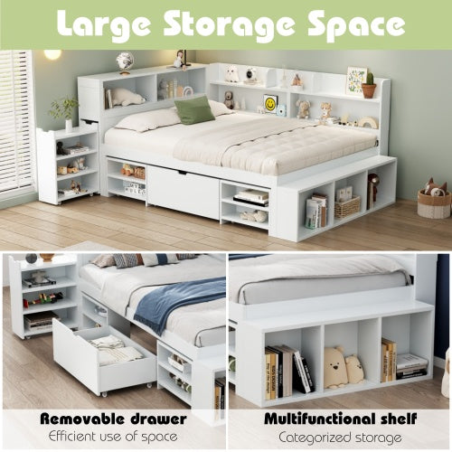 Children's Bed, Single Bed-3ft 90x190cm, Single Bed, Multifunctional Children's Bed With Drawers, Bookcase And Storage Cupboard, Large Storage Space, Slatted Frame, Without Mattress, White