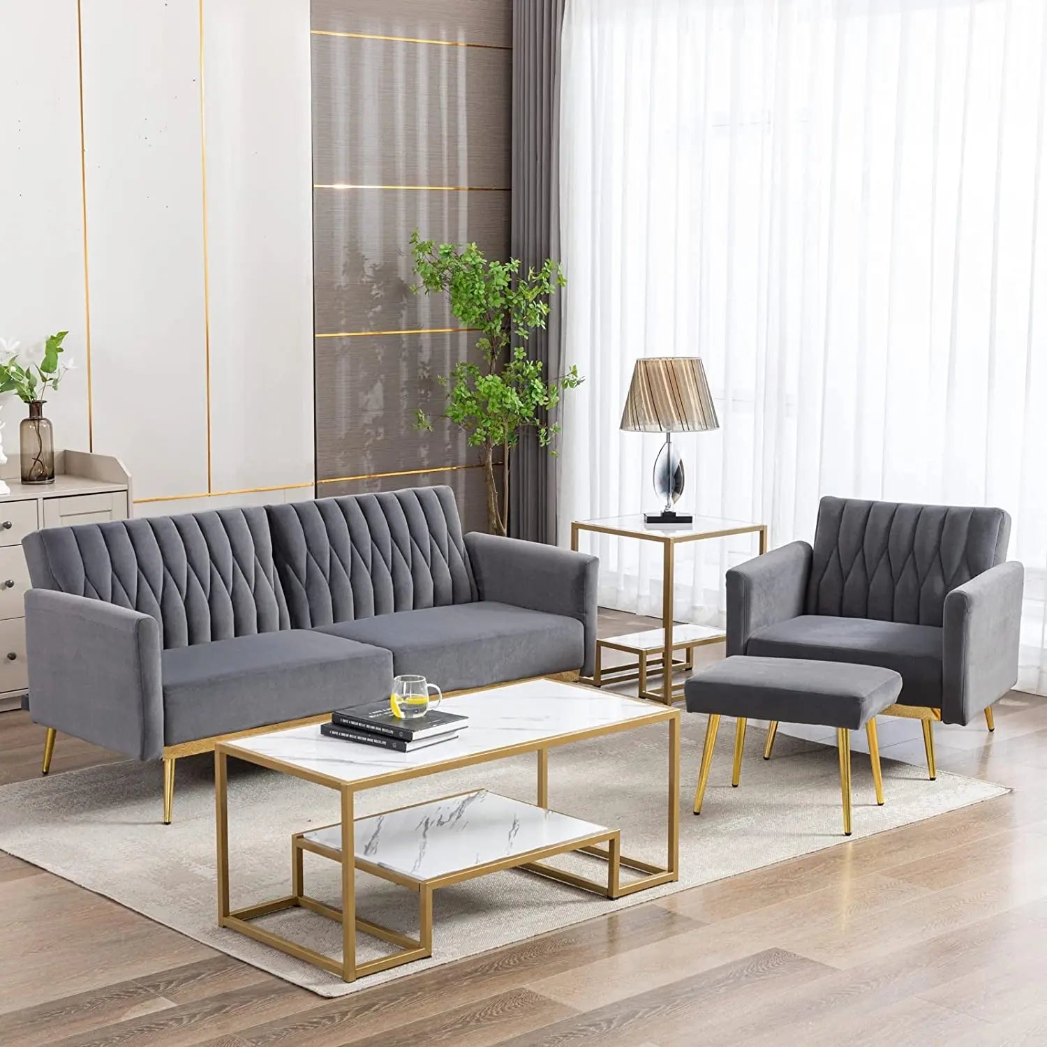 Grey Velvet Accent Chair with Ottoman and Armrests Peach Maple