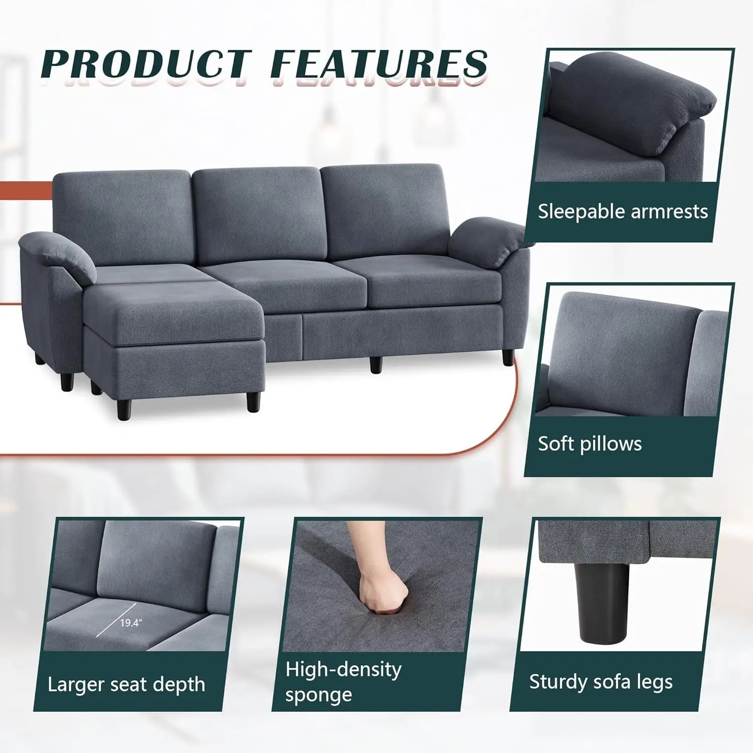 Gray Linen Sectional Sofa with Pillows Peach Maple