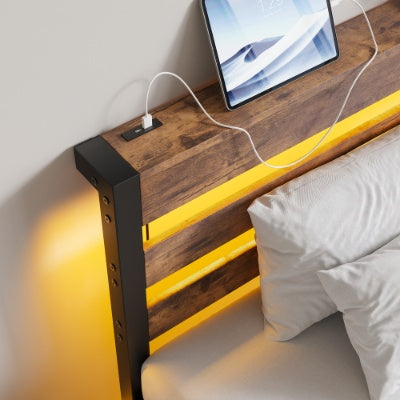 Twin Size Bed Frame Heavy Duty Platform Bed Frame With Headboard, USB Charging Station, LED Bed, No Box Spring Needed, Mattress Foundation, Strong Steel Slats, Noise Free, Brown CJDropshipping