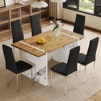 Table And Chair Set.Natural Wood Grain MDF Dining Table  55x31.5 Inch.Paired With 6 Modern Style Dining Chairs In Light Gray, Essential For Minimalist Homes.Blending Into Various Home Environments.