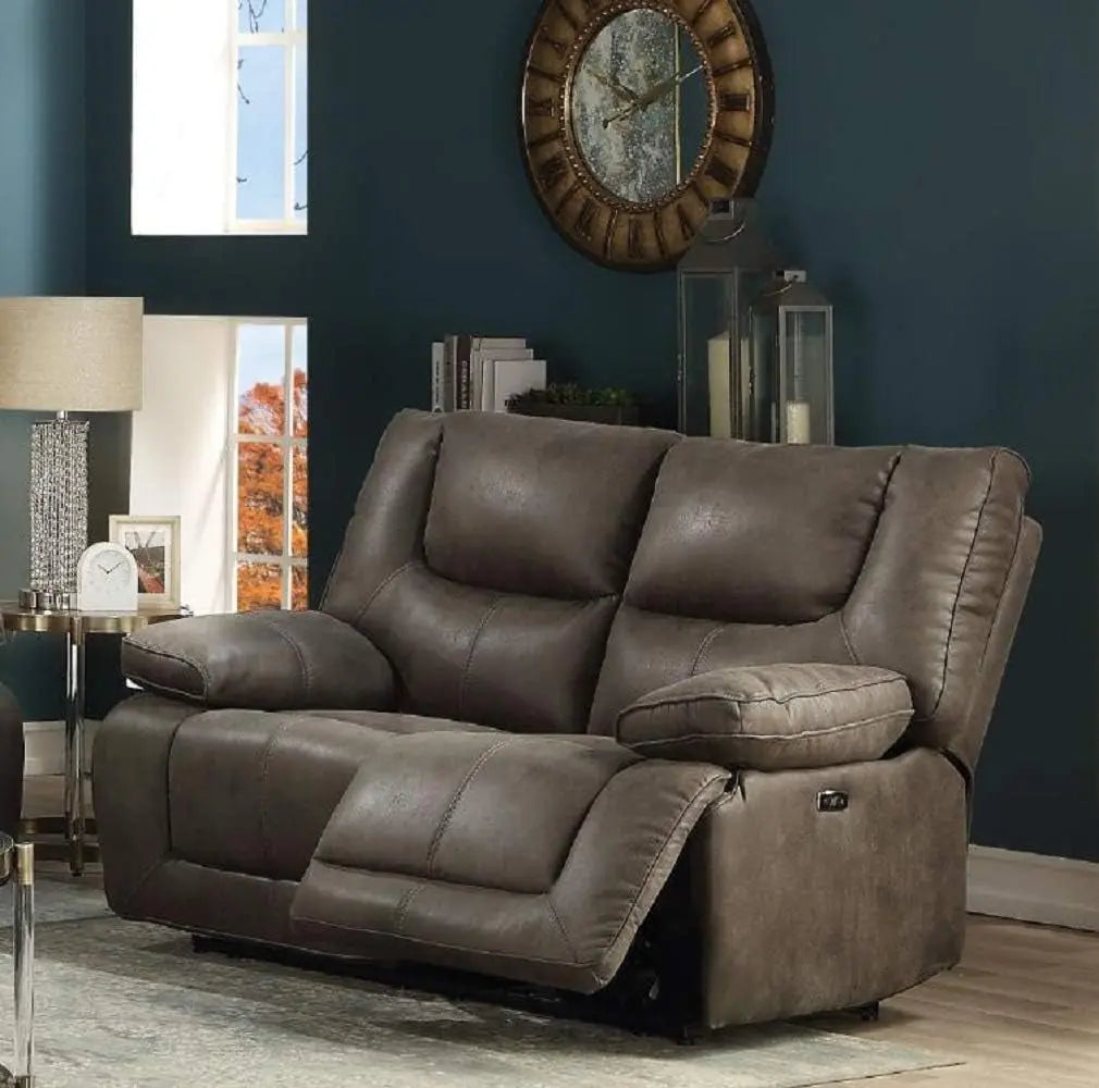 Gray Leather Reclining Loveseat with USB Charging rana Peach Maple