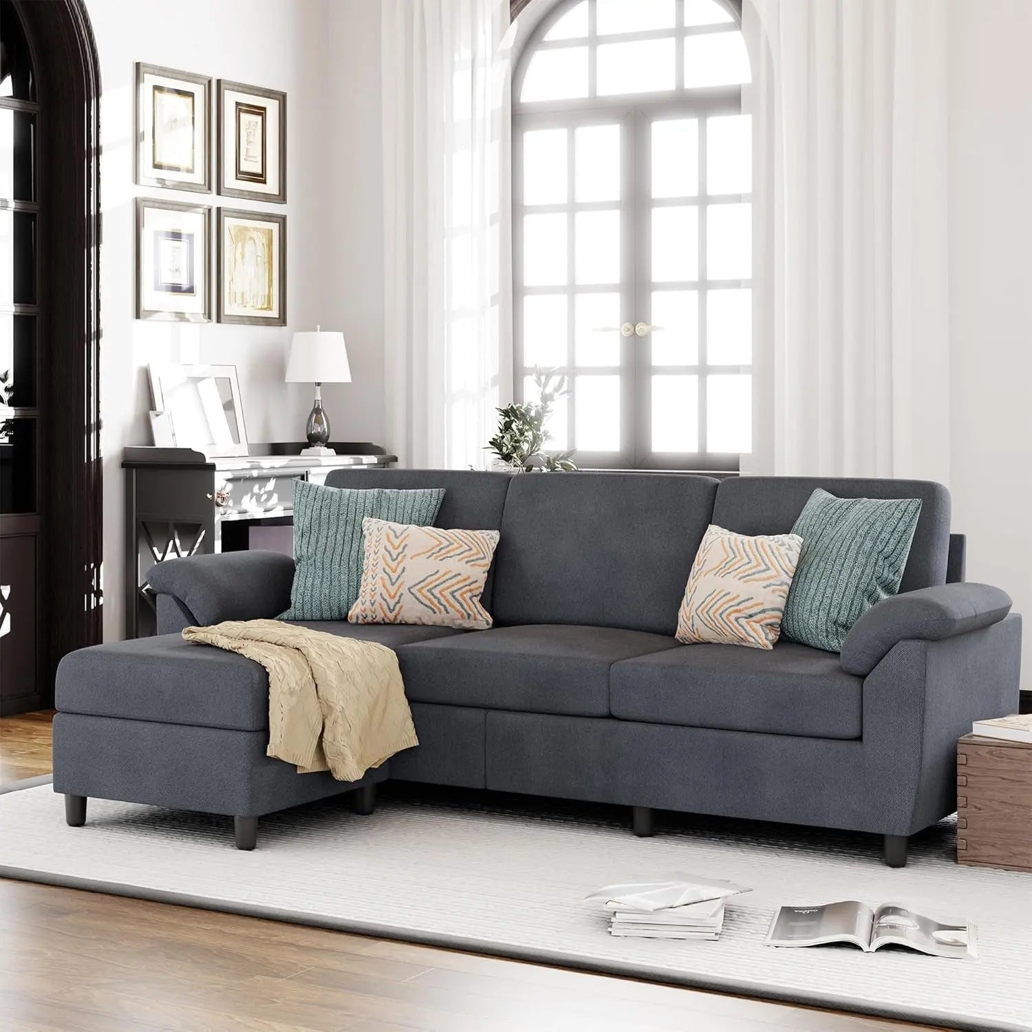 Gray Linen Sectional Sofa with Pillows Peach Maple