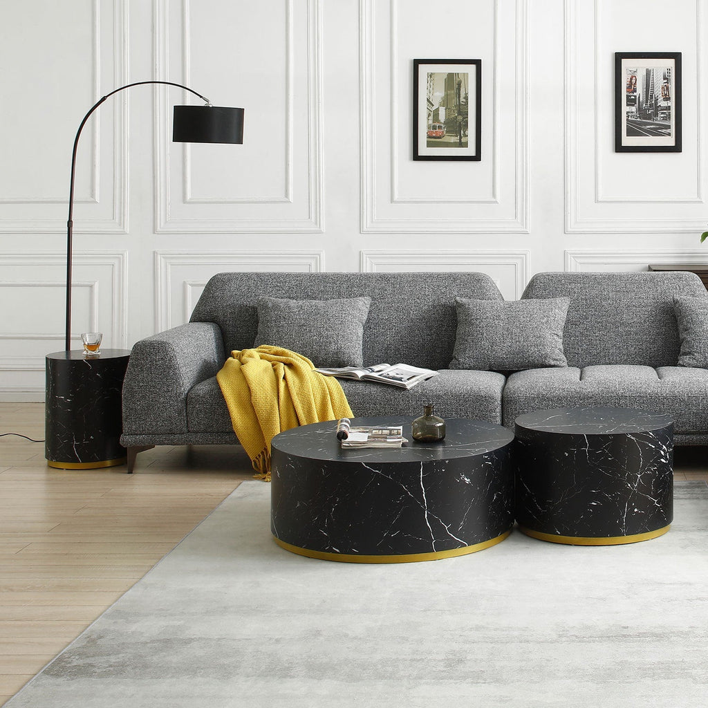 Set of 3 Black Marble Pattern  Round Coffee Table side Table End Table Olive Phaedra