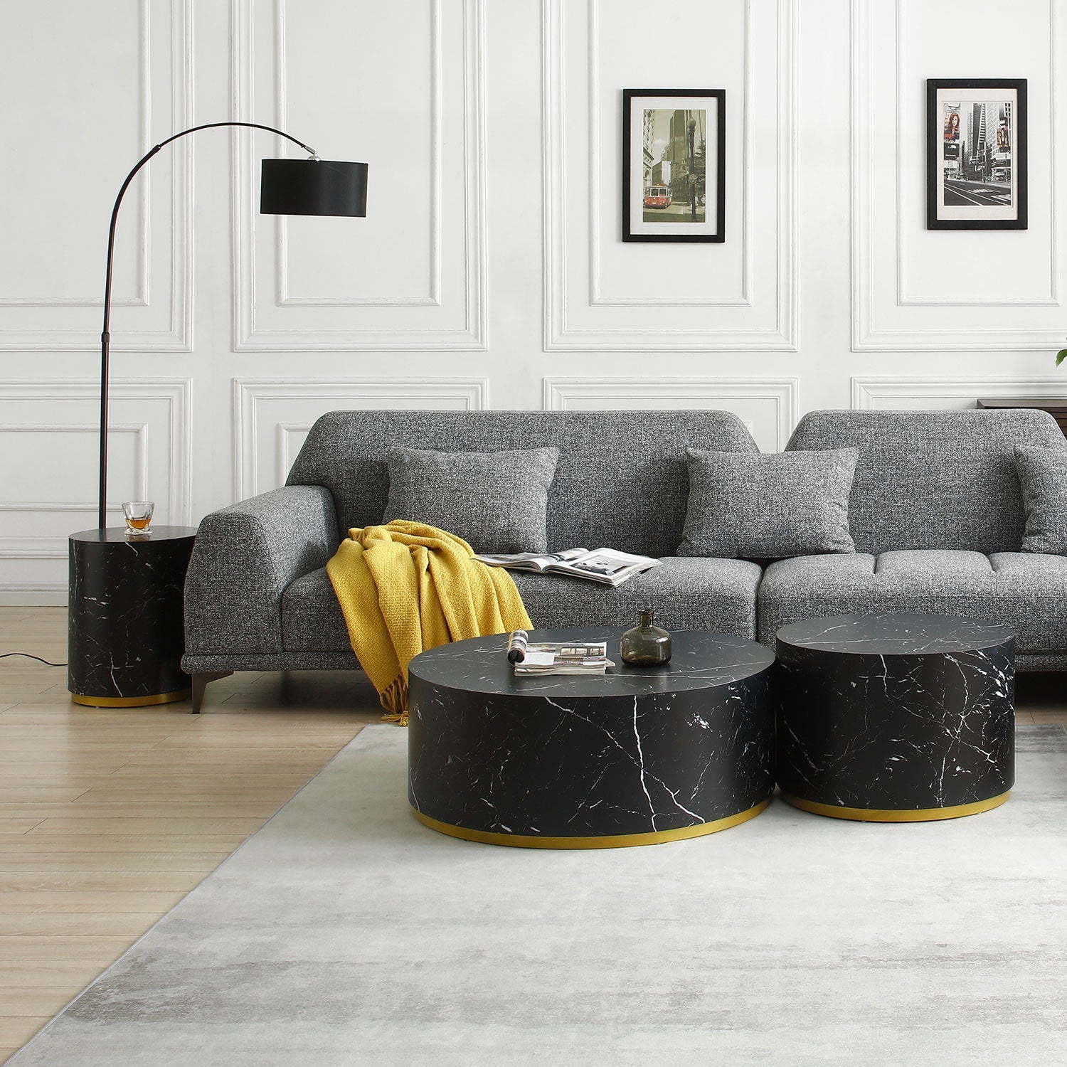 Set of 3 Black Marble Pattern  Round Coffee Table side Table End Table Olive Phaedra