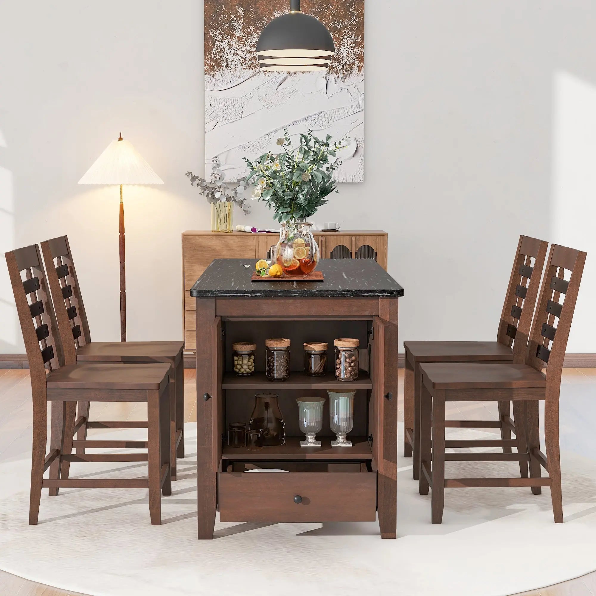 Counter Height 5-piece Dining Table Set with Faux Marble Tabletop, Sangria Beech