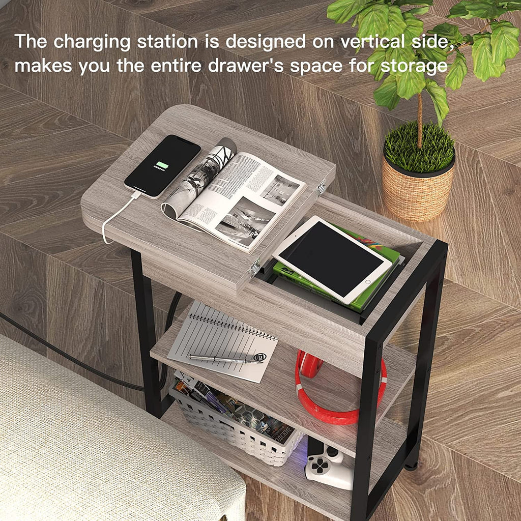 End Table with Charging Station, Flip Top Side Table for Small Spaces,
