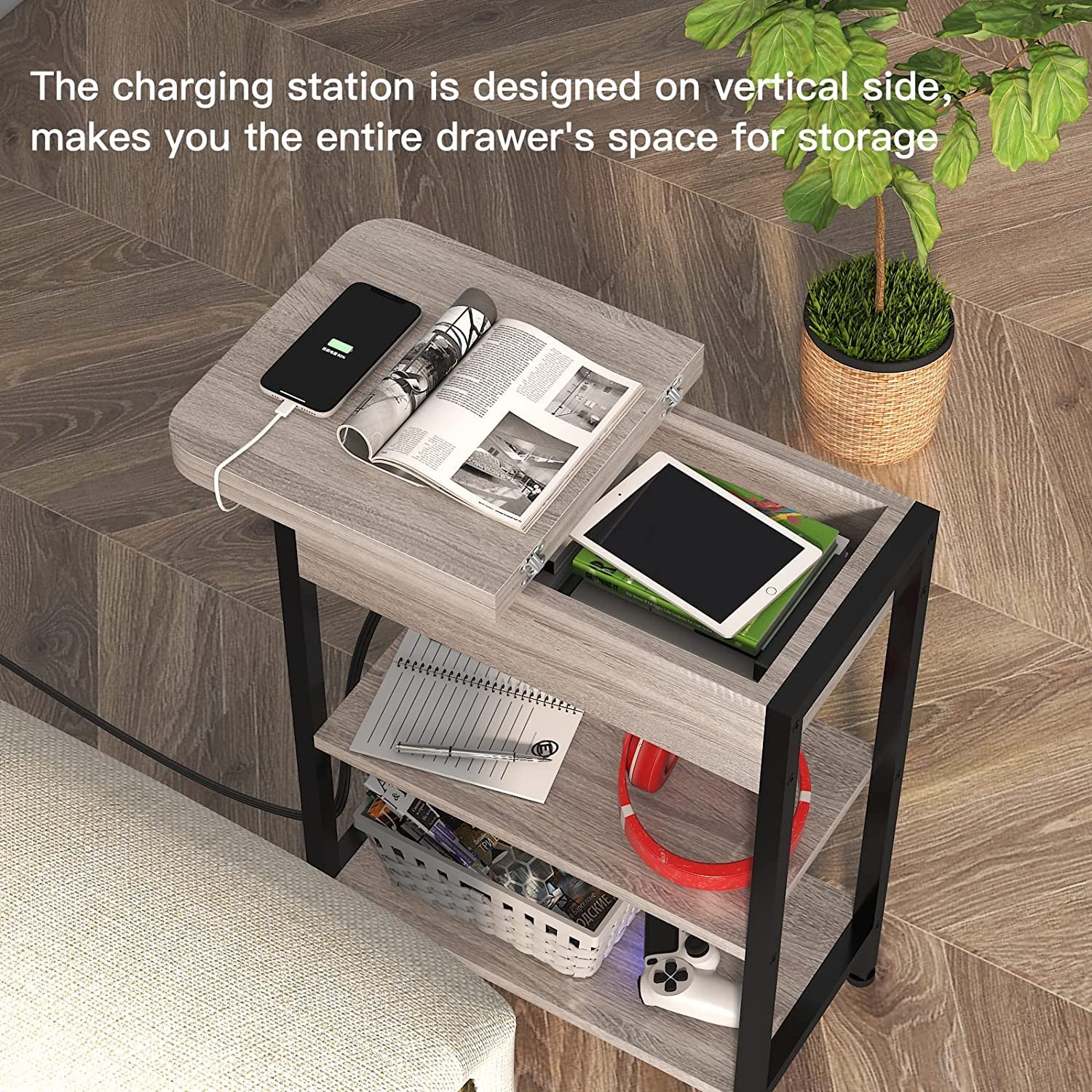 End Table with Charging Station, Flip Top Side Table for Small Spaces,