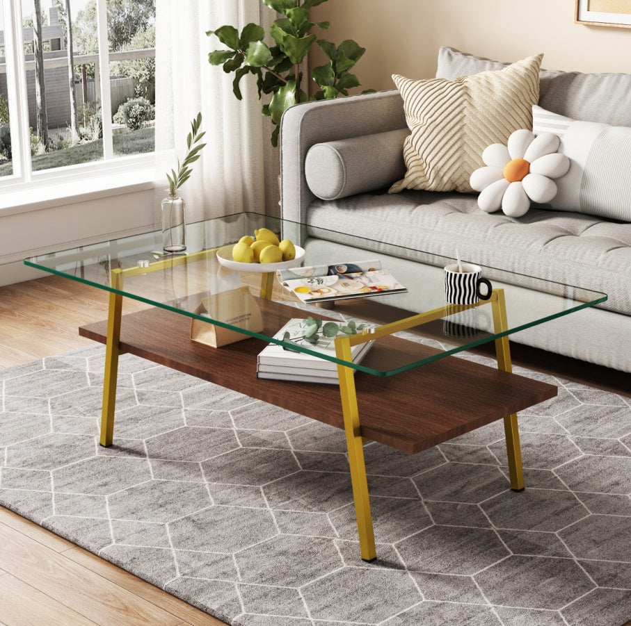 Rectangle Coffee Table, Tempered Glass Tabletop With Gold Metal Legs, Modern Table For Living Room , CJDropshipping