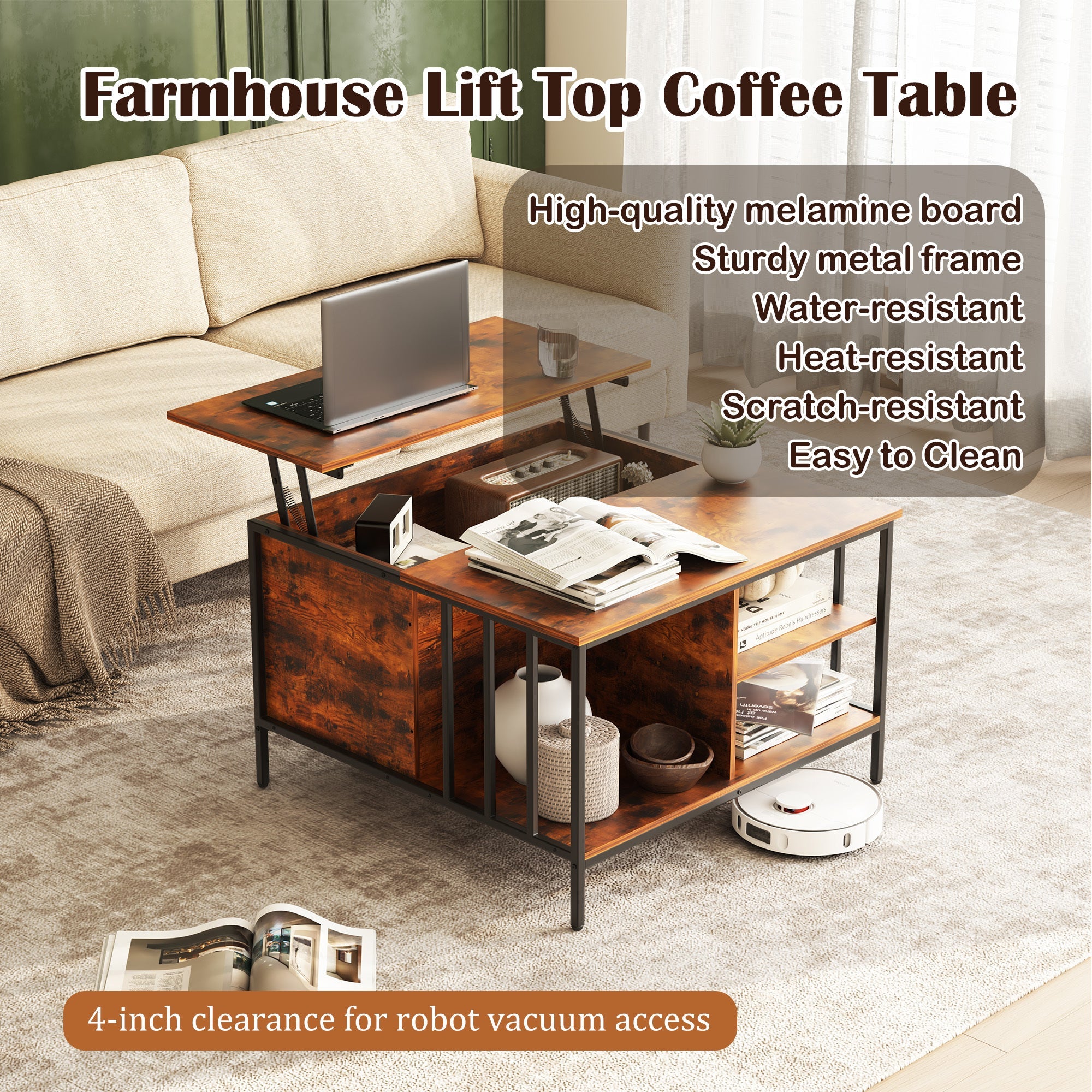 Farmhouse Lift Top Coffee Table With Storage Adjustable Height Living Room Table, Multifunctional Center For Family With Hidden Compartment & 3 Shelves110lbs Capacity, Easy To Clean CJDropshipping