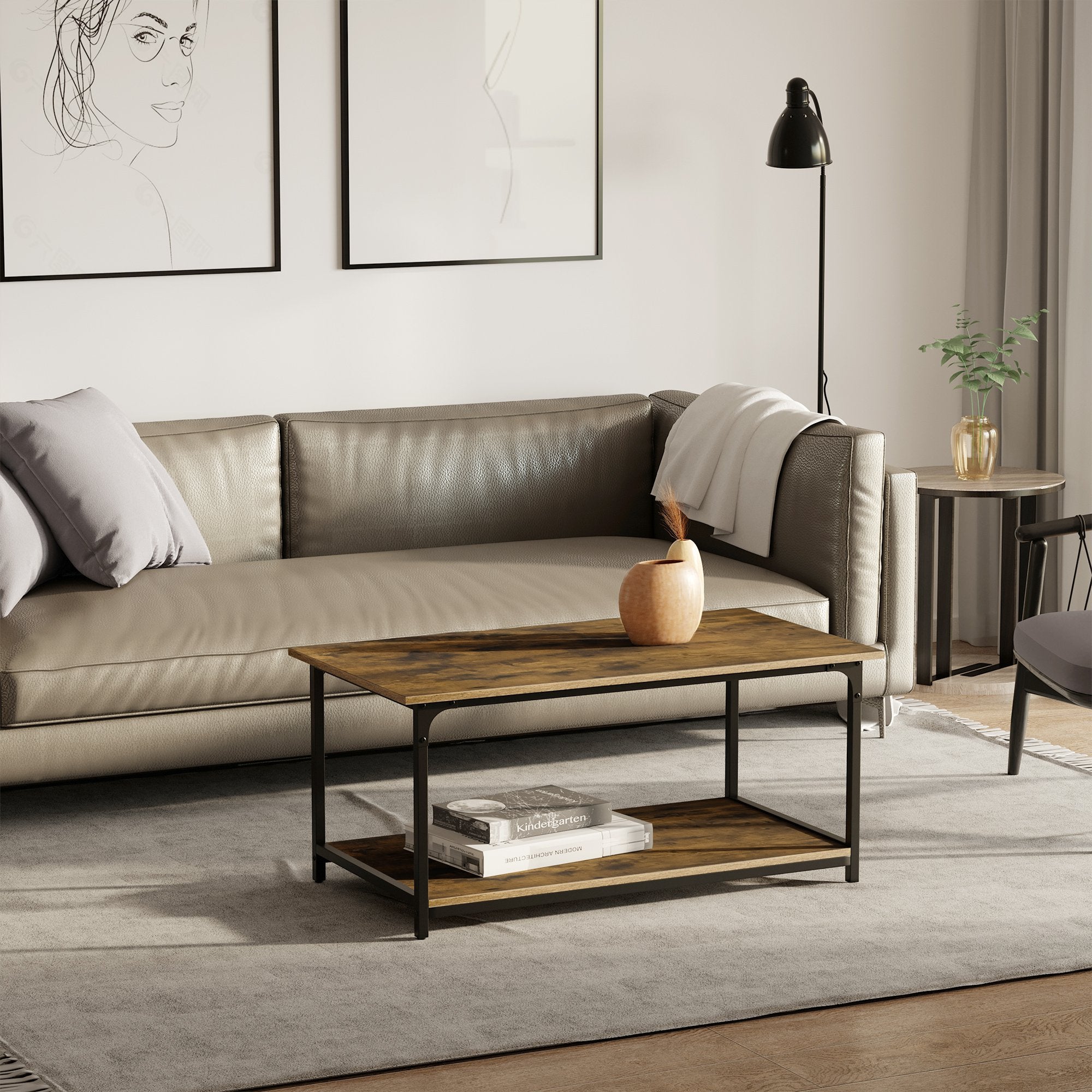 HOMCOM Rustic Coffee Table 39 Inches Industrial Style Center Table Taupe Shadow