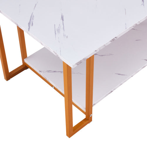 D&N Coffee Table, 2 Layers 1.5cm Thick Marble MDF Rectangle 39.37  L Tabletop Iron Coffee Table , Dining Room, Coffee Shop, Resterant, White Top, Gold Leg CJDropshipping