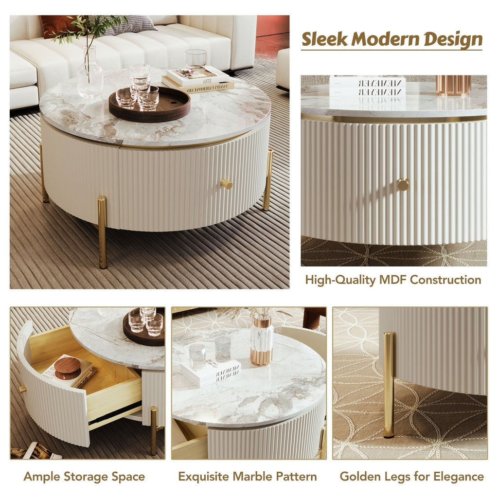 Modern Round Coffee Table With 2 Large Drawers Storage Accent Table  31.5 CJDropshipping