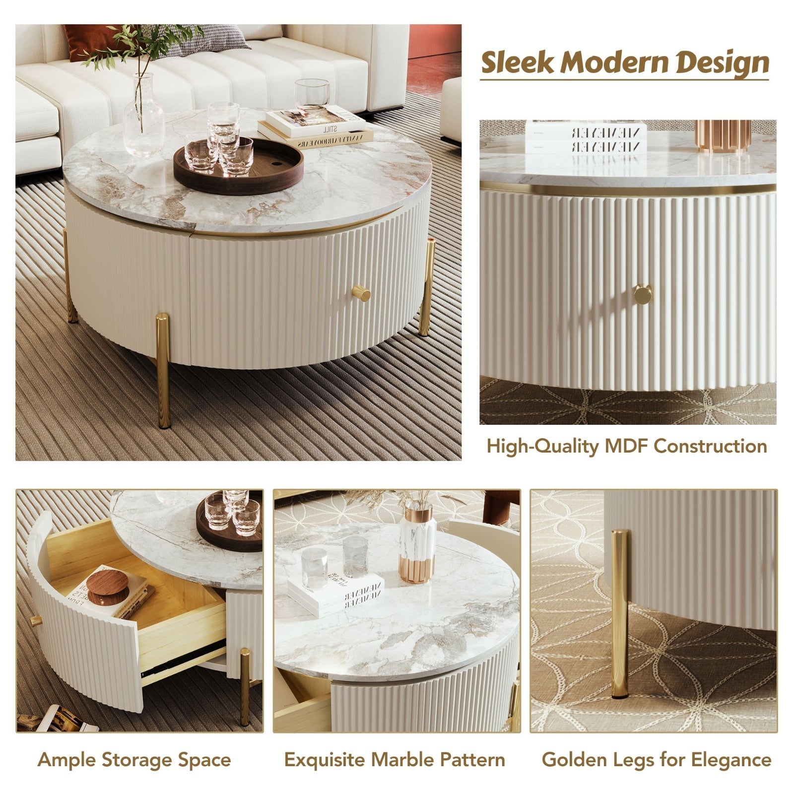 Modern Round Coffee Table With 2 Large Drawers Storage Accent Table  31.5 CJDropshipping