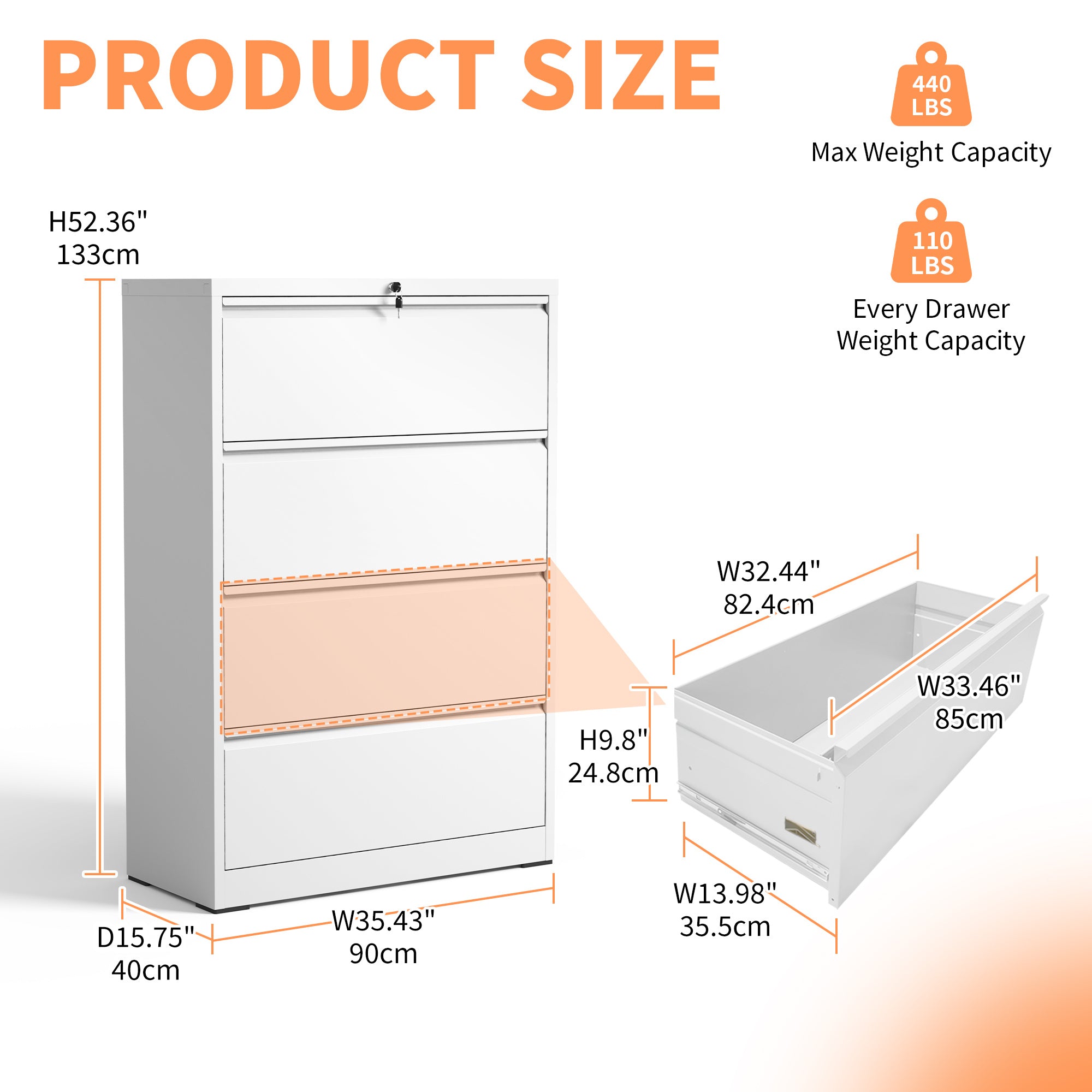 Lateral File Cabinet 4 Drawer, White Filing Cabinet With Lock, Lockable File Cabinet For Home Office, Locking Metal File Cabinet For Legal Letter A4 F4 Size