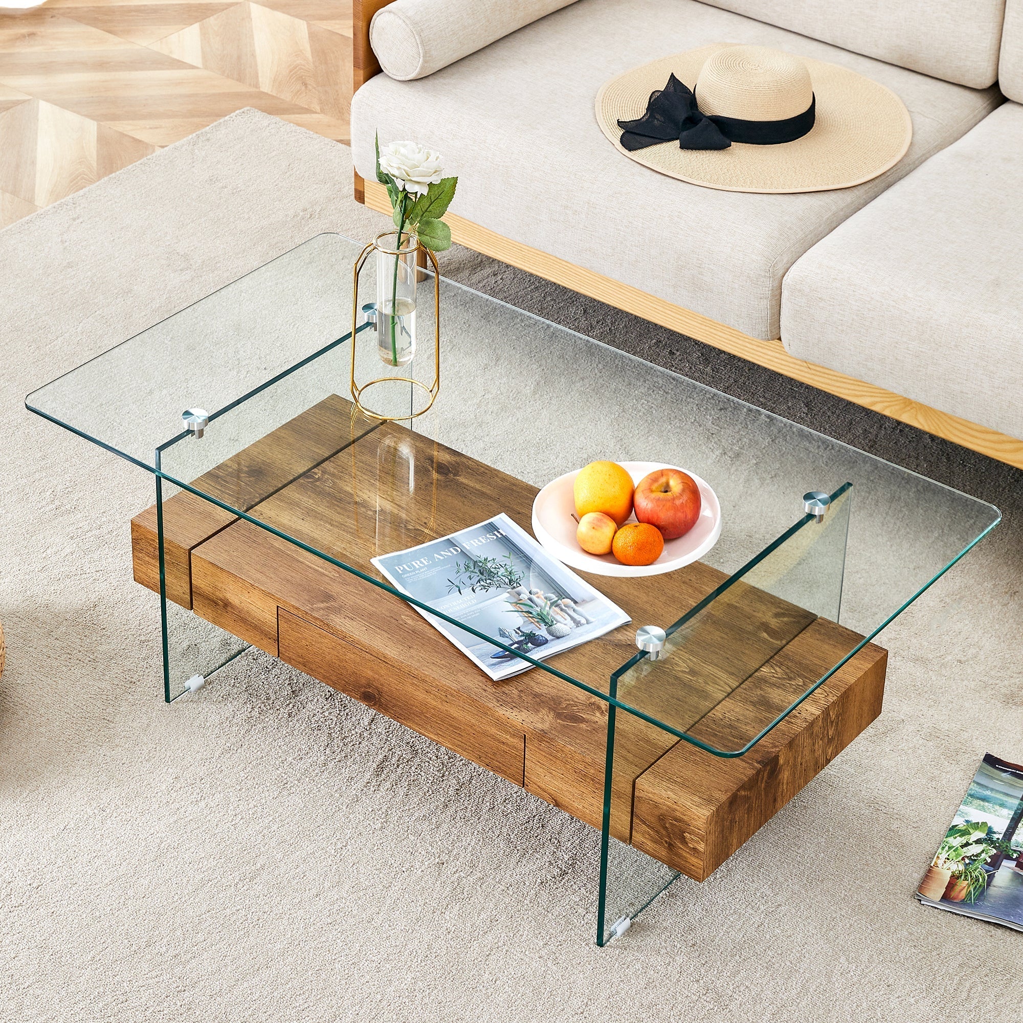 Modern Two-Tier Coffee Table - Clear Tempered Glass and Natural Wood Sangria Beech
