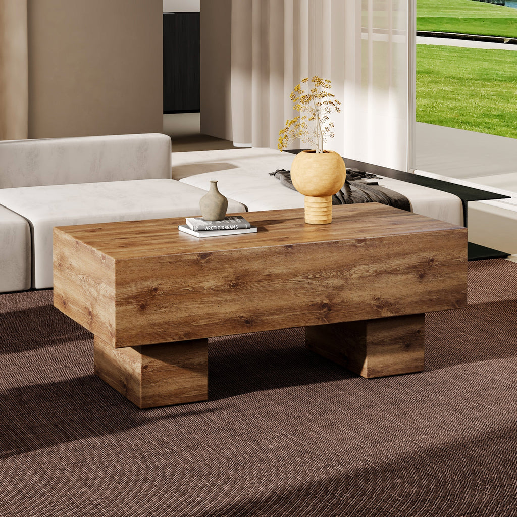 This modern rectangular coffee table features a stylish wood color, Sangria Beech