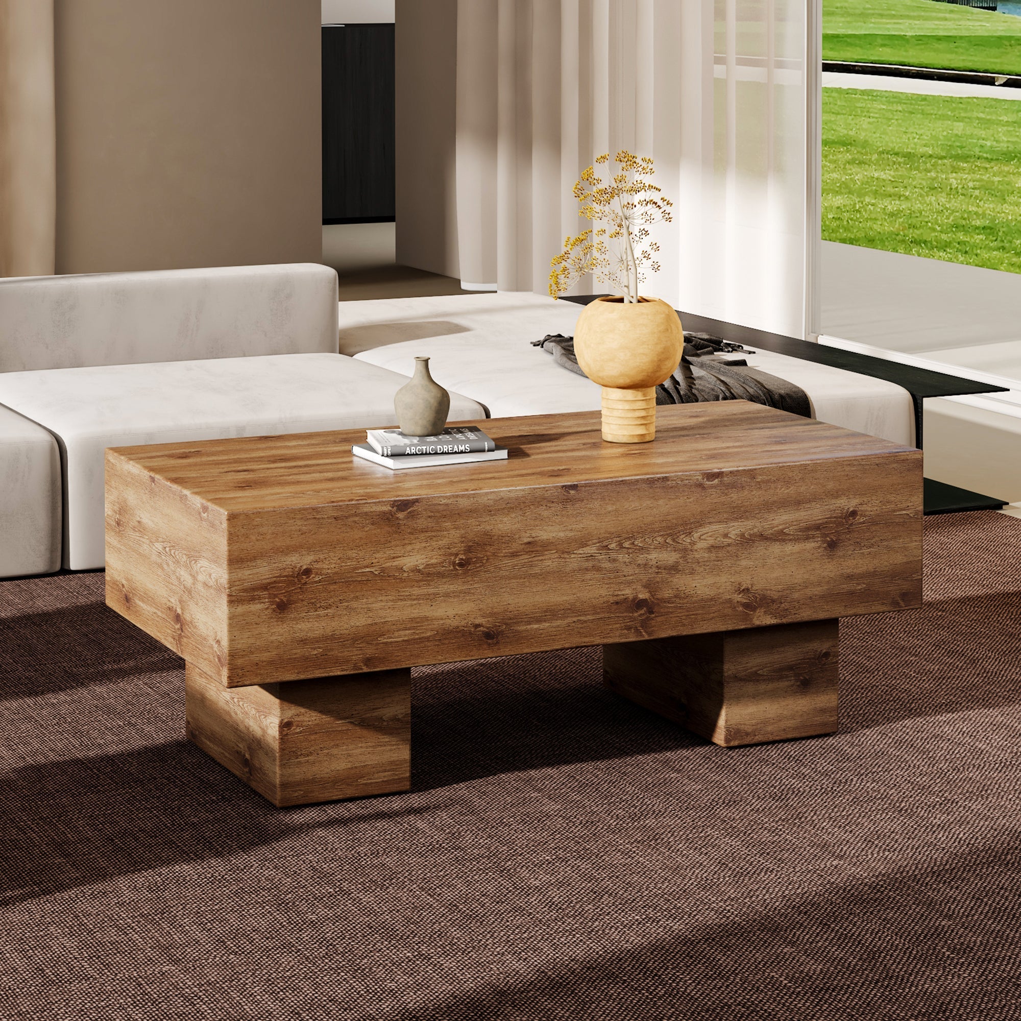 This modern rectangular coffee table features a stylish wood color, Sangria Beech