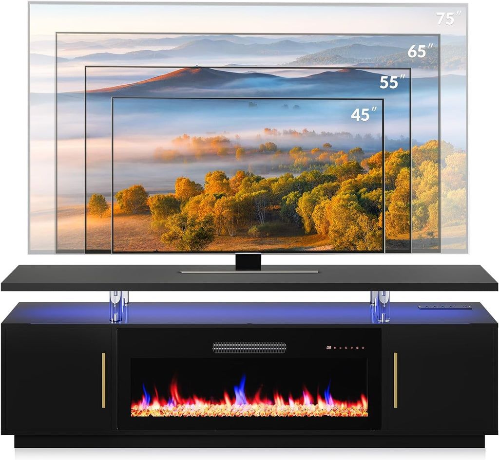 79" TV Stand for Tvs up to 85", LED Light Entertainment Center with Peach Maple
