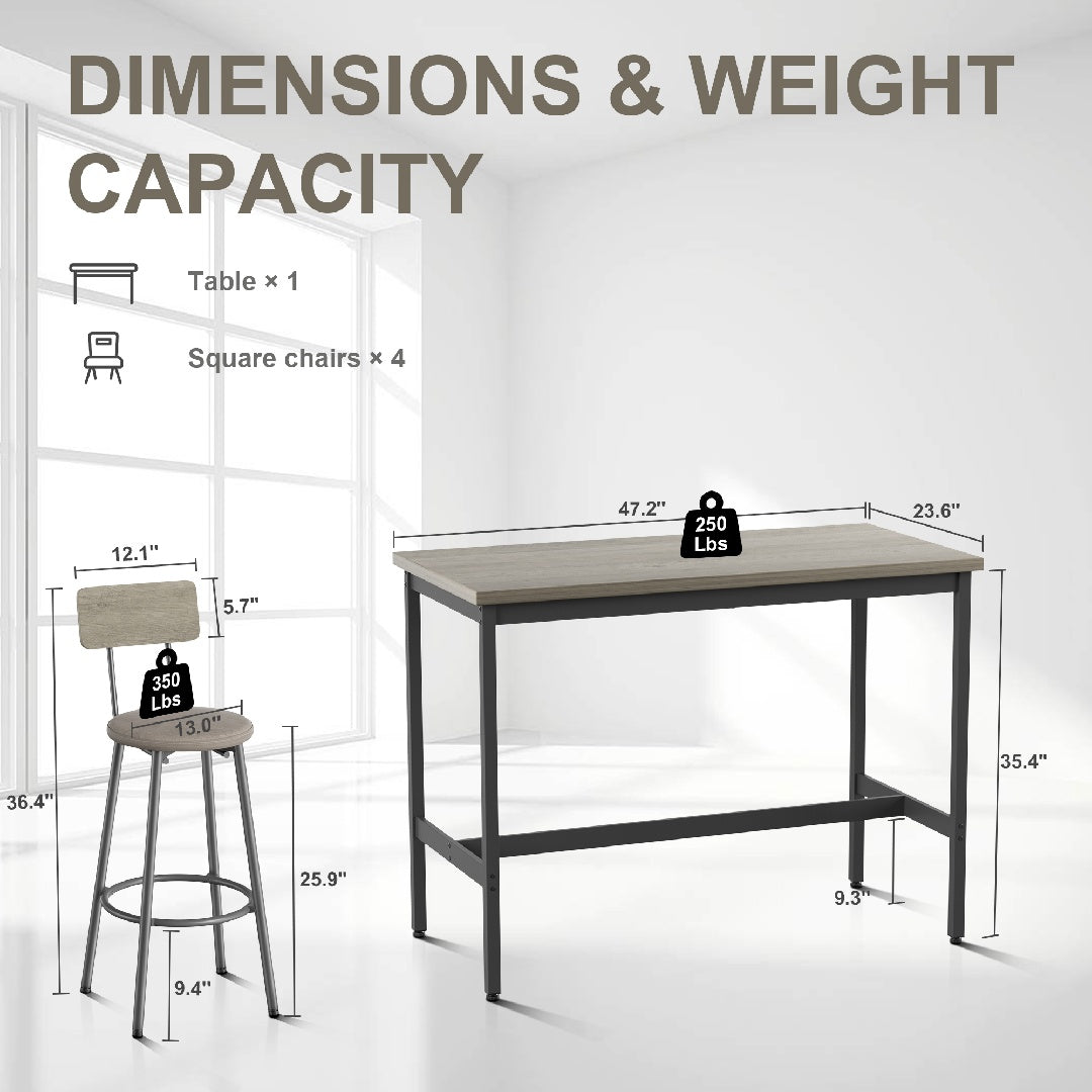 Only Supports Self Pickup-Long Dining Table Set With 4 Bar Stools In PU Leather, Dining Table And Chairs Set, Industrial High Coffee Table And Back Chairs