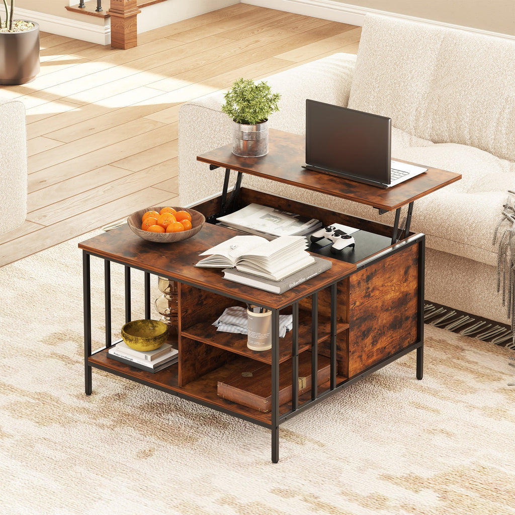 Farmhouse Lift Top Coffee Table With Storage Adjustable Height Living Room Table, Multifunctional Center For Family With Hidden Compartment & 3 Shelves110lbs Capacity, Easy To Clean CJDropshipping