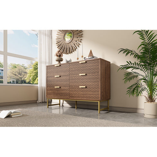Embossed Design Sideboard Cabinet Dresser With 6 Drawers, Anti-tip, Sideboard For Living Room, Hallway, Bedroom, And Children's Room, 120 X 40 X 75 Cm, Walnut