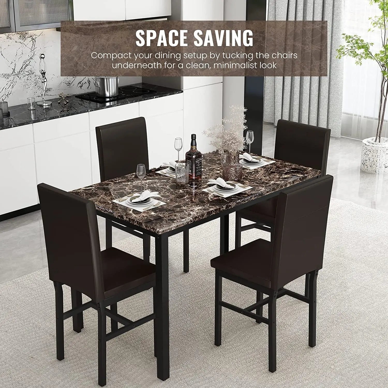 Faux Marble Dining Set, Small Spaces Kitchen, Black Peach Maple