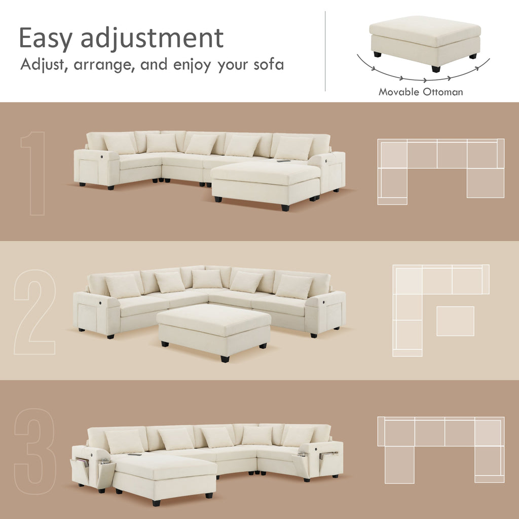128*67" U Shaped Sectional Sofa,6 Seat Chenille Couch Set with