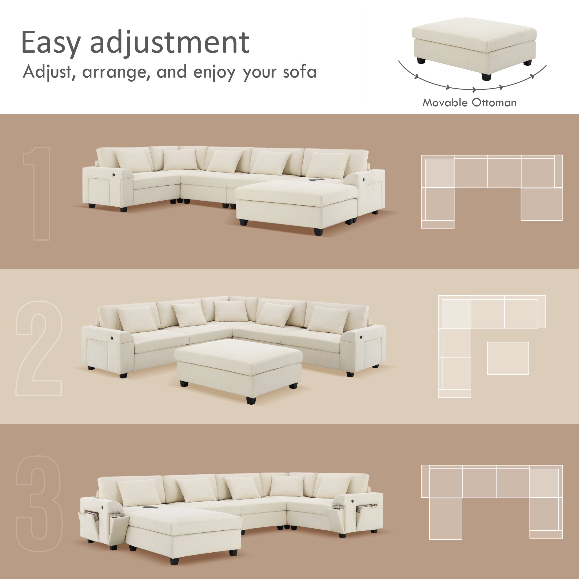 128*67" U Shaped Sectional Sofa,6 Seat Chenille Couch Set with