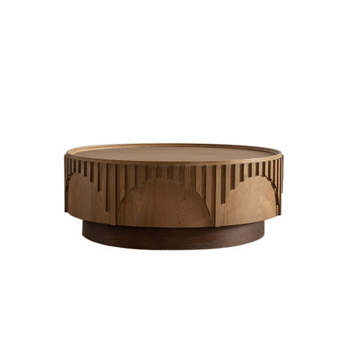 Coffee Table Round Wood Modern Solid Wood Veneer Handcrafted Relief Tea Table With Sturdy Pedestal For Apartment,Living Room