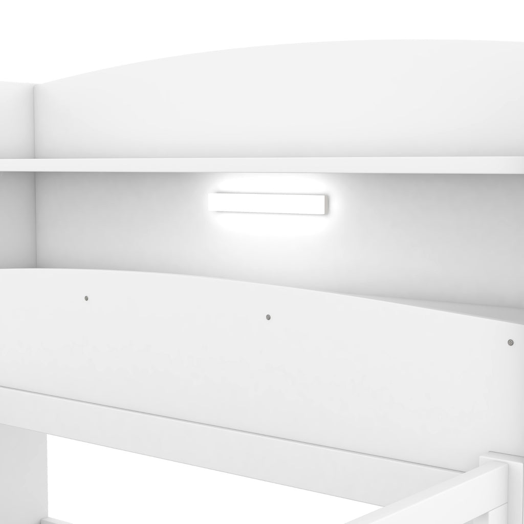 Twin Size Wood Platform Bed With LED, Storage Headboard & Guardrail, White