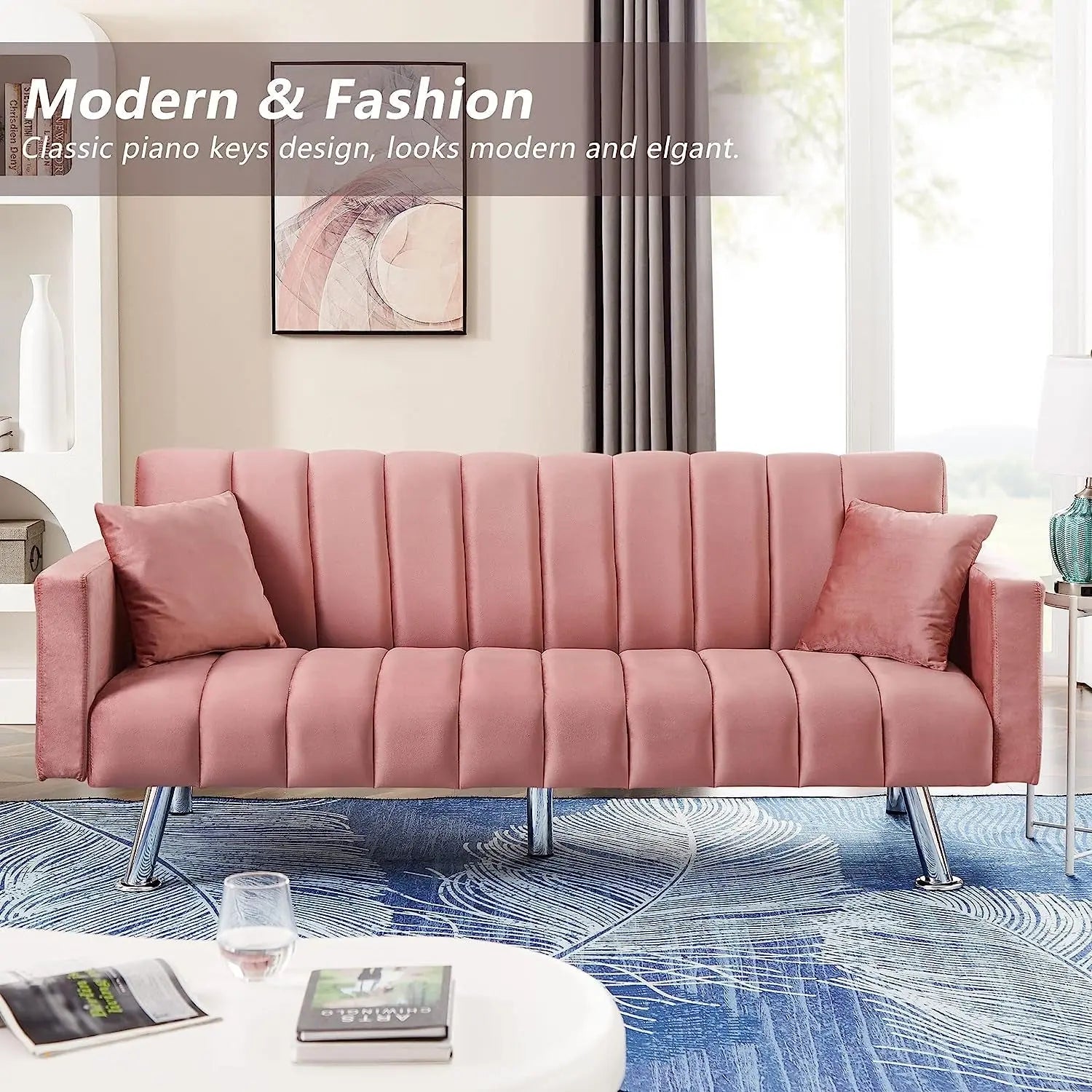 Pink Velvet Sofa Bed with 2 Pillows Peach Maple