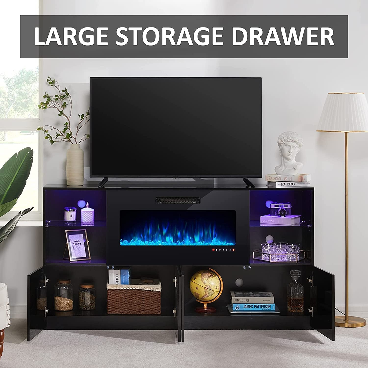 Modern TV Stand with Electric Fireplace and LED Lights Peach Maple
