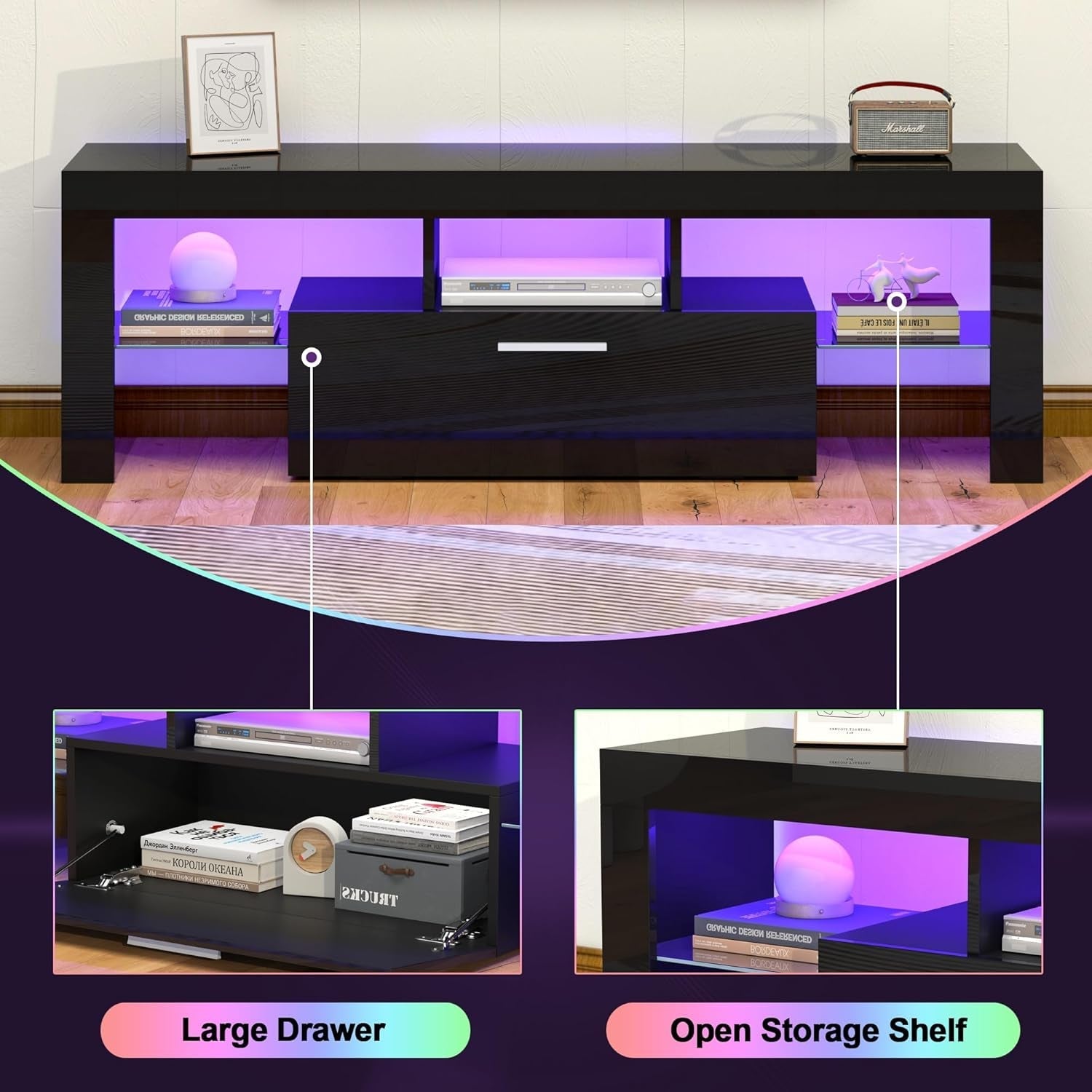 Black LED TV Stand with Large Storage Drawer for 32 40 50 55 Inch Tvs, Peach Maple