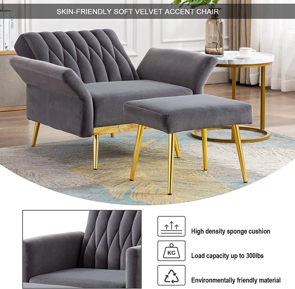 Grey Velvet Accent Chair with Ottoman and Armrests Peach Maple