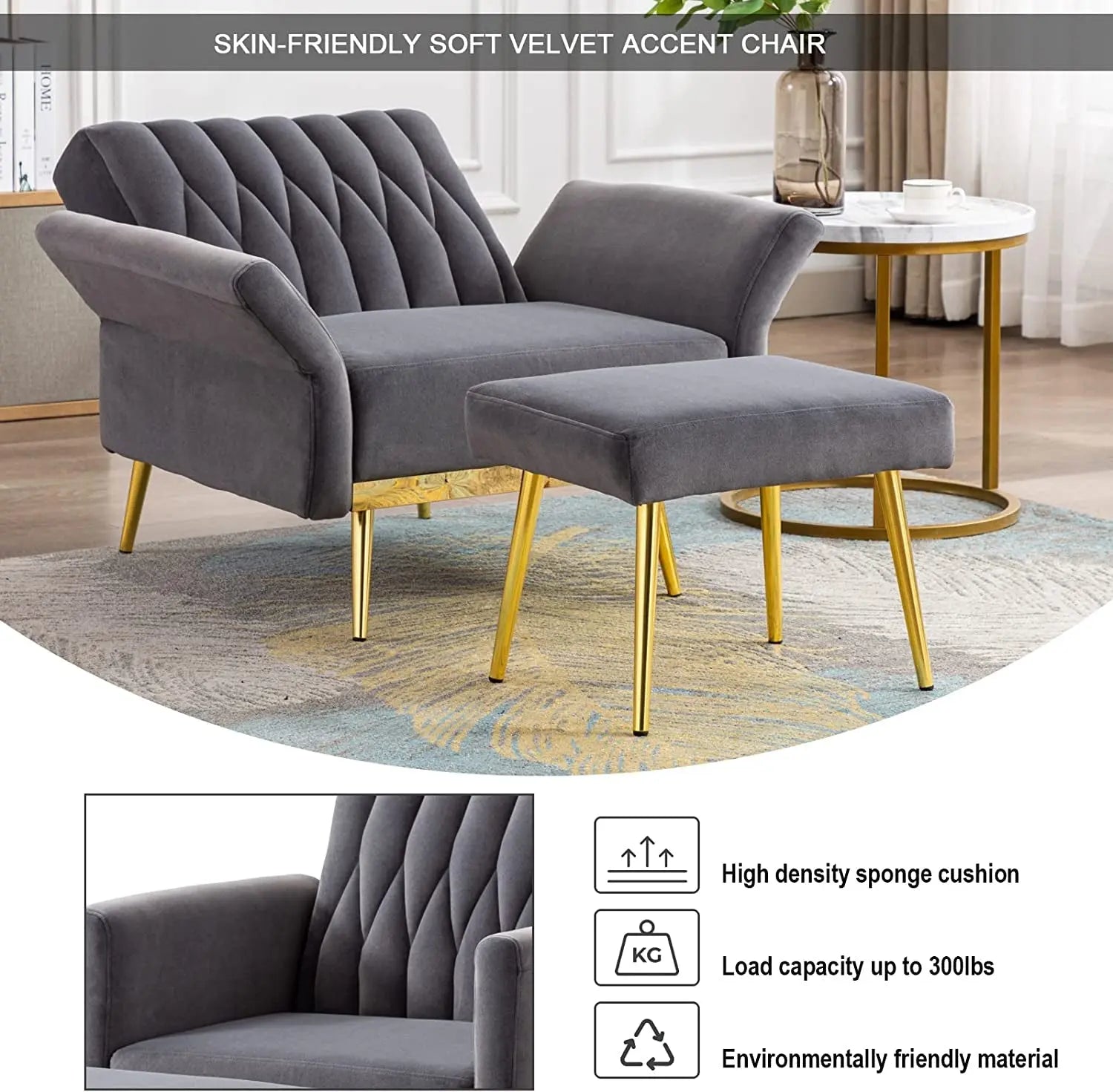 Grey Velvet Accent Chair with Ottoman and Armrests Peach Maple