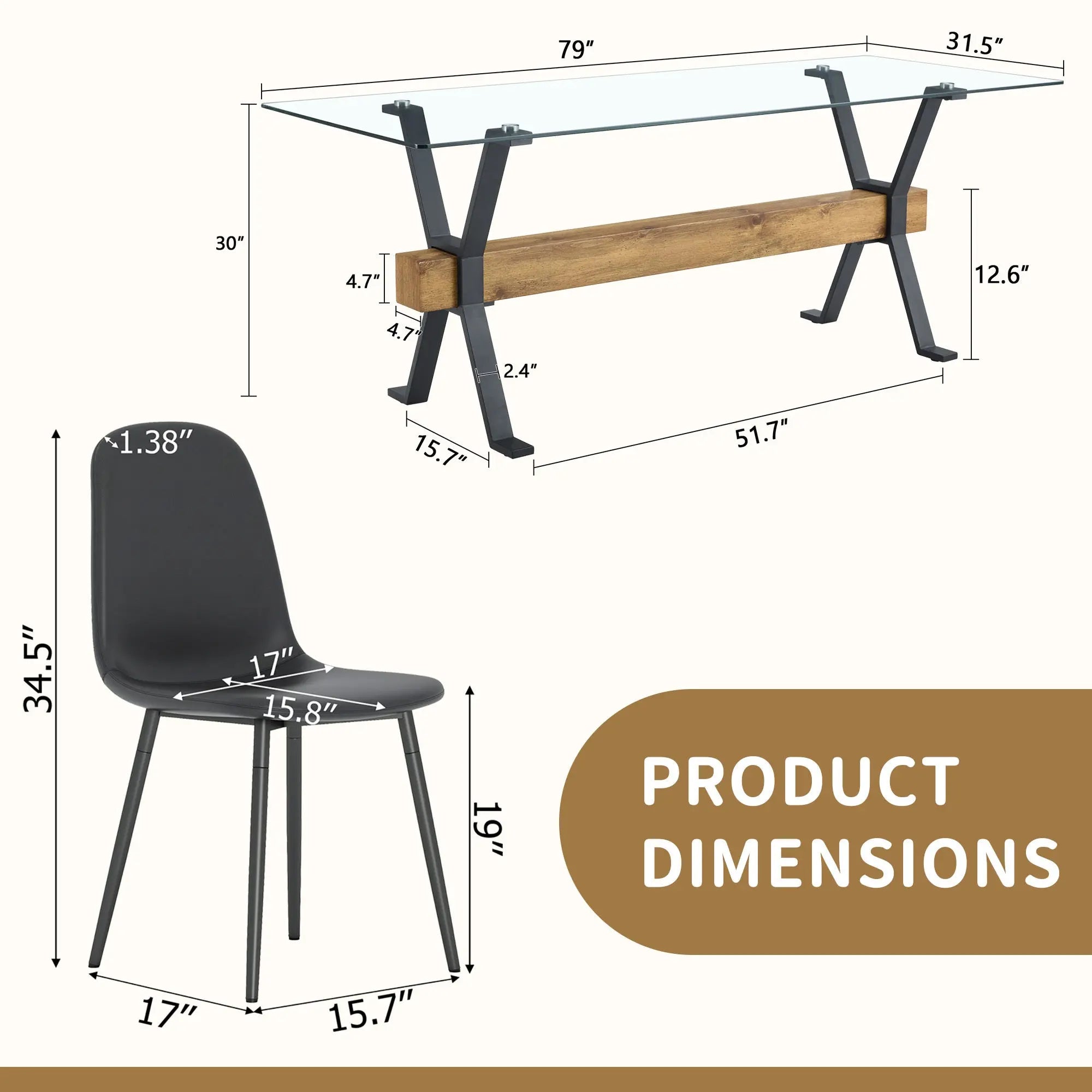 Table and chair set.79'x31.5' with X-shaped Black Metal Table Sangria Beech