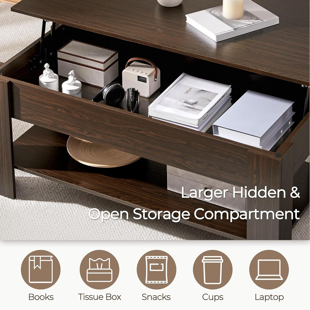 Lift Top Coffee Table with Hidden Compartment and Storage Shelf, Peach Maple