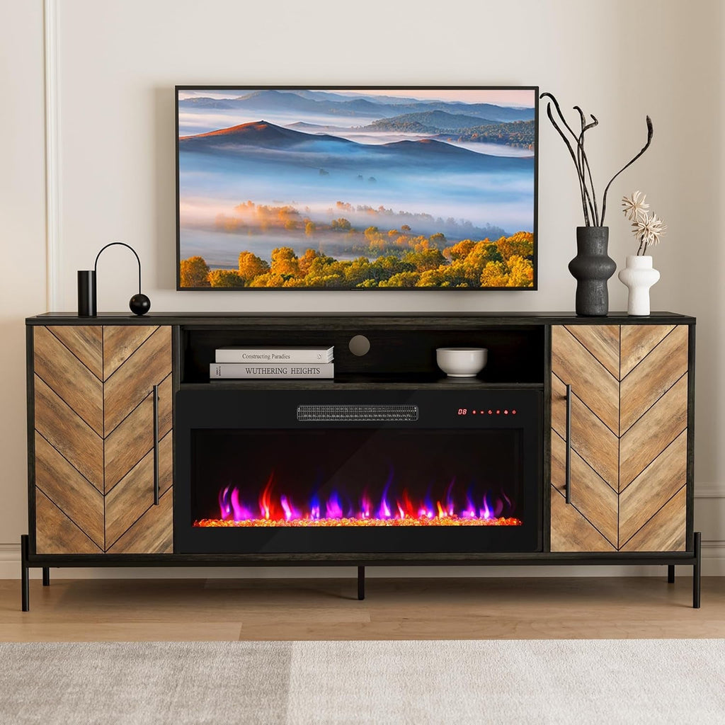 68" TV Stand with 36" Electric Fireplace Heater, Entertainment Center Peach Maple
