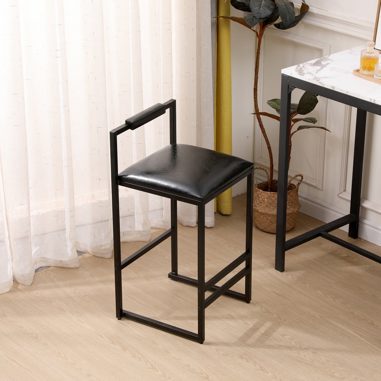 Black Bar Stool Set Of 2 Counter Height PU Leather With Backrest & Footrest