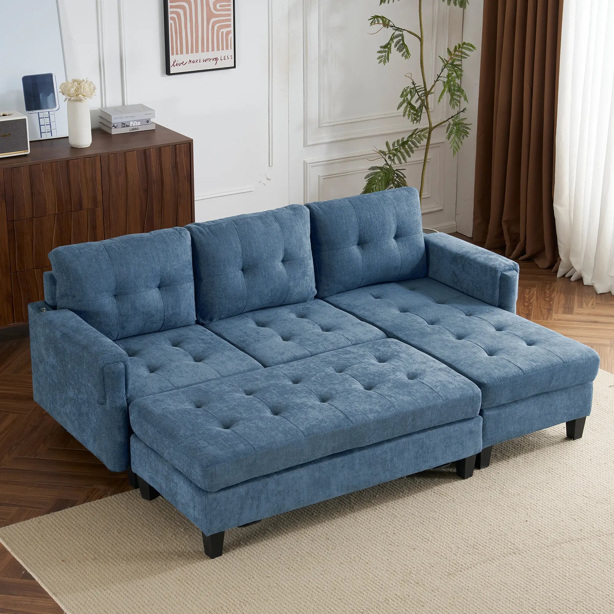 83.4" L-shaped Sofa Sectional Couch Sofa Bed with Two USB Ports, a Sangria Beech