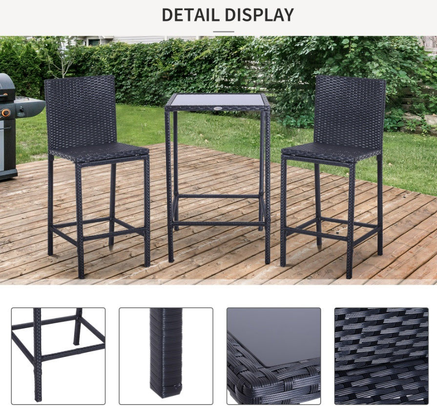 Wicker Bar Set, 3-Piece Outdoor Counter Height With Glass Top Table & Stools, All-Weather - Black
