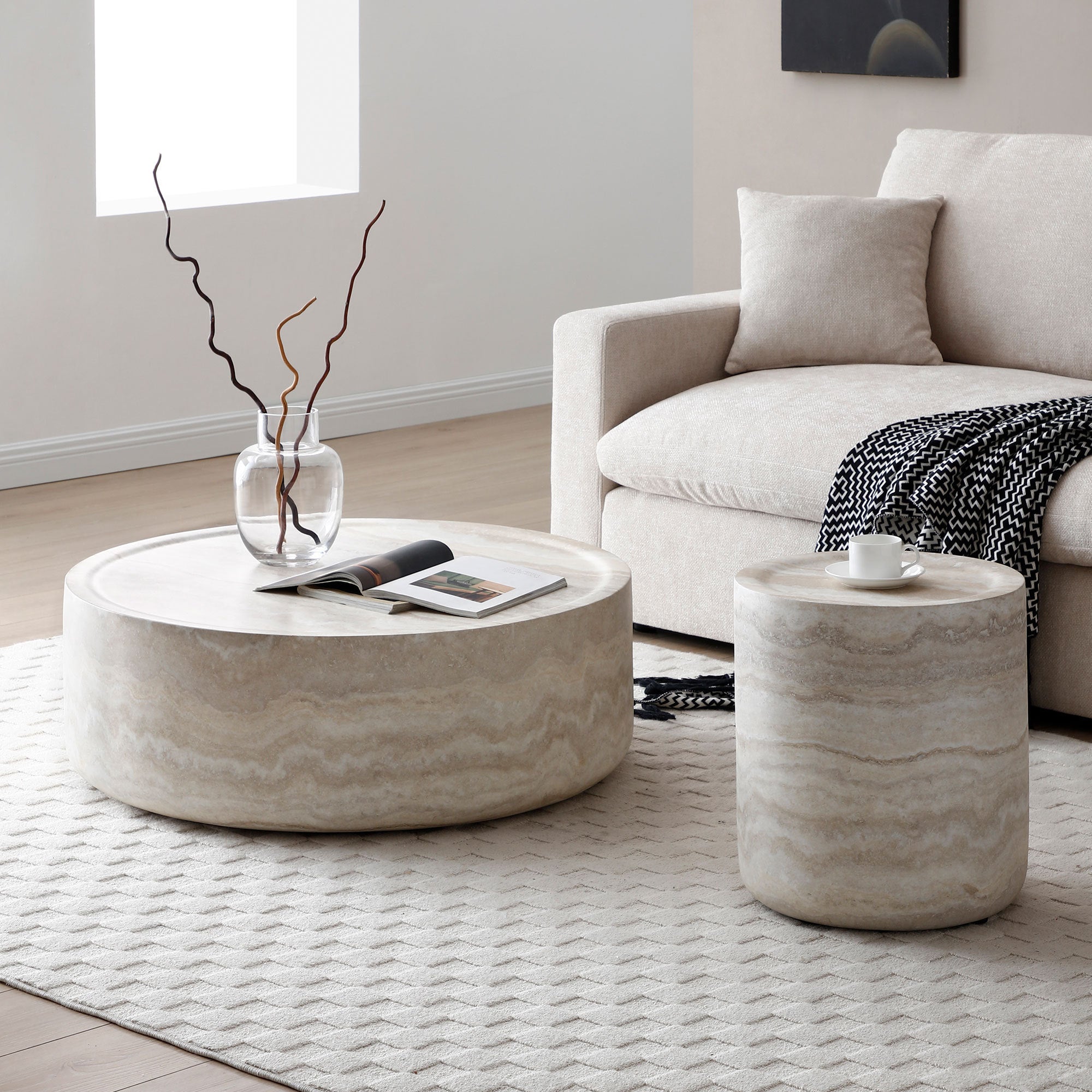 Set of 2 Faux MARS Pattern Coffee Tables side Table Round Tea Faux Sangria Beech
