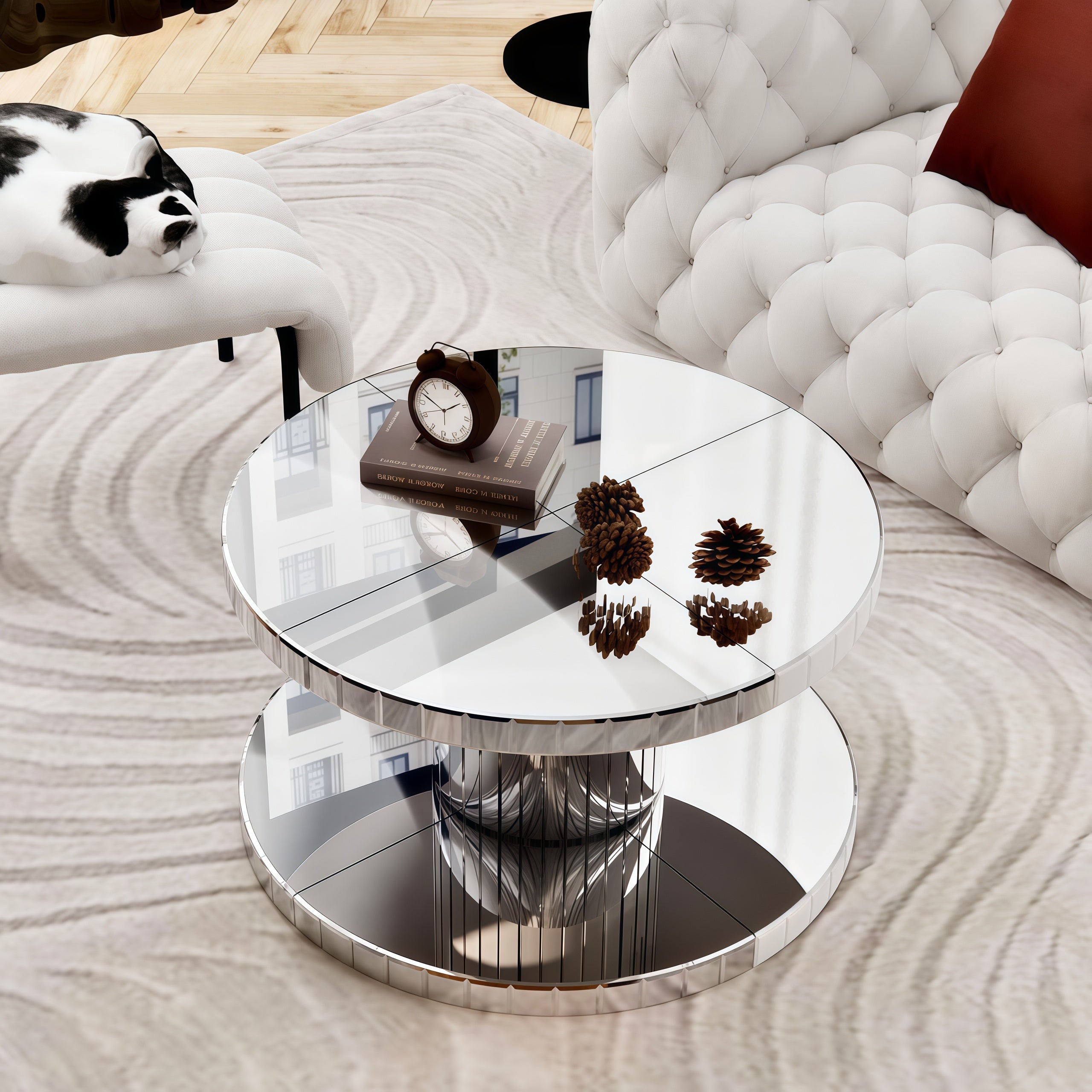 Luxury Double-Tier Round Mirror Coffee & End Table with Fluted Glass -