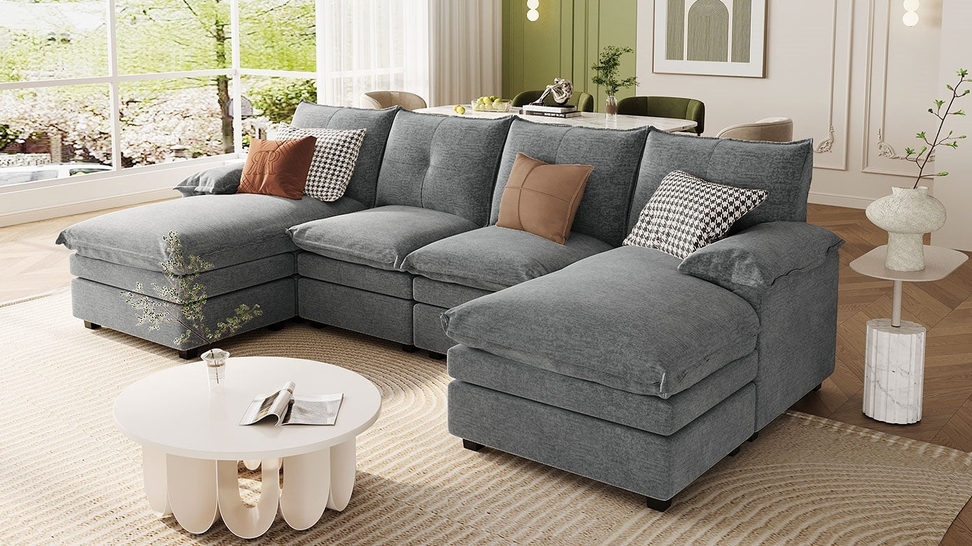 U-Shaped Chenille Sectional Sofa with Adjustable Armrest Pillows -
